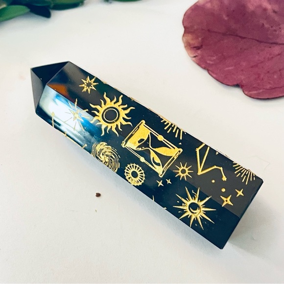 New Natural Obsidian Carved Artisan Sun 24k Gold Tower Point Crystal Decoration - Picture 13 of 16